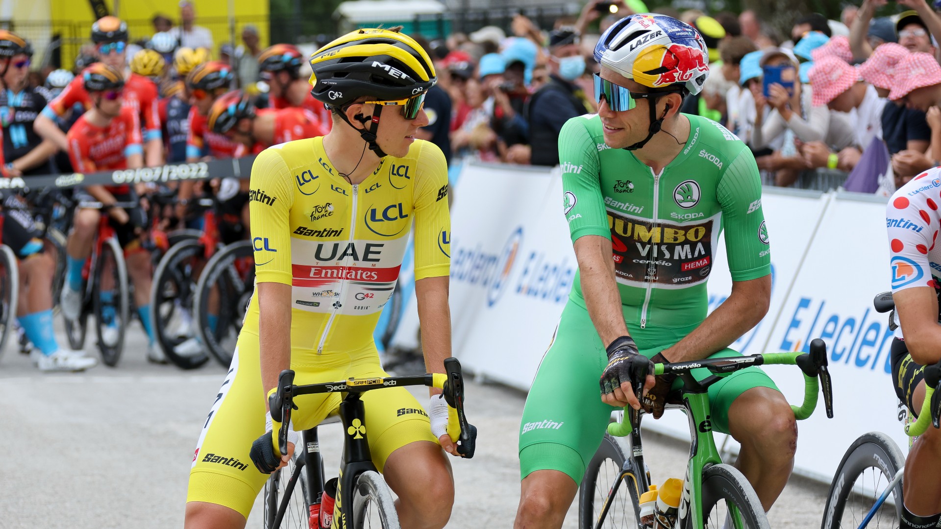 Tadej Pogacar e Wout van Aert alla partenza di Dole, ottava tappa del Tour de France