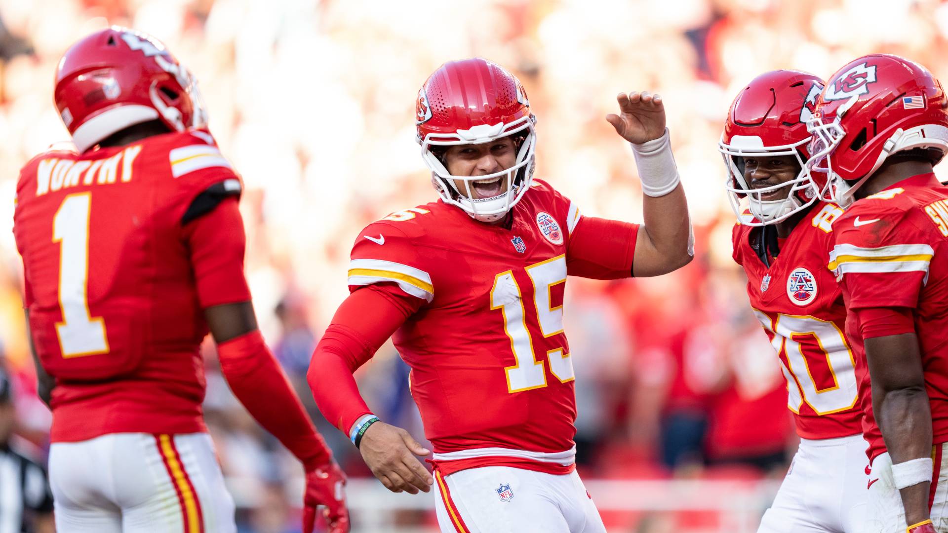 Patrick Mahomes of the Kansas City Chiefs celebrates after a touchdown against the Baltimore Ravens