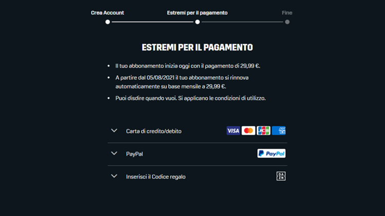 Estremi e dettagli pagamento per DAZN