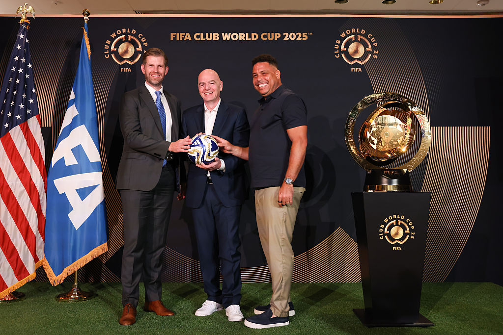 Infantino. Ronaldo, Eric Trump, trophy