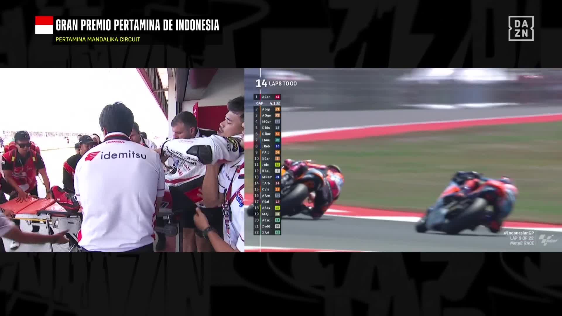 Somkiat Chantra retirado en camilla, GP Indonesia 2024, Moto2