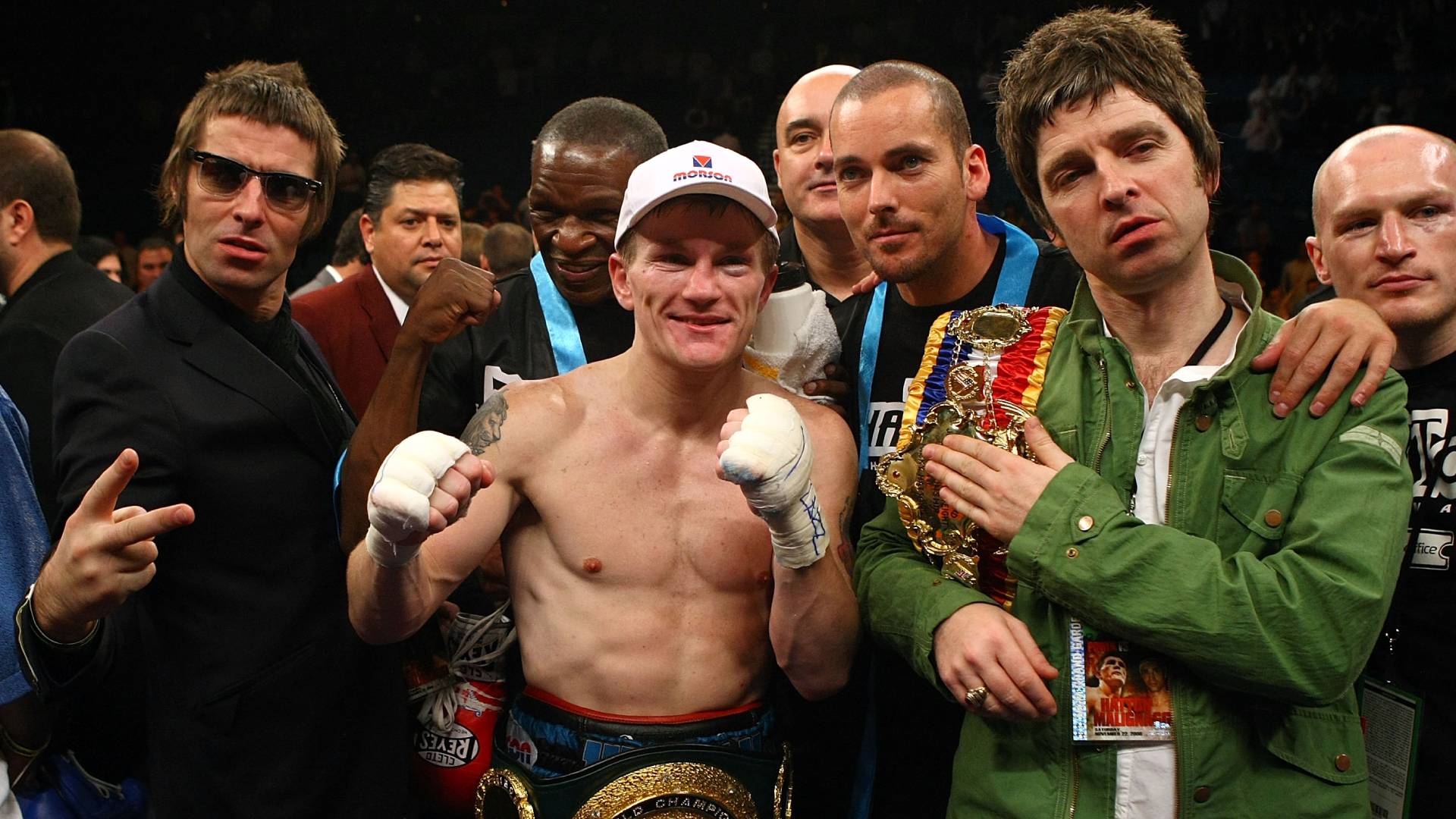 Ricky Hatton with Liam and Noel Gallagher of Oasis after his 11th round TKO victory against Paulie Malignaggi at the MGM Grand Garden Arena in 2008