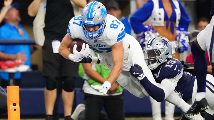 Sam LaPorta #87 Detroit Lions DeMarvion Overshown #13 Dallas Cowboys NFL 13102024
