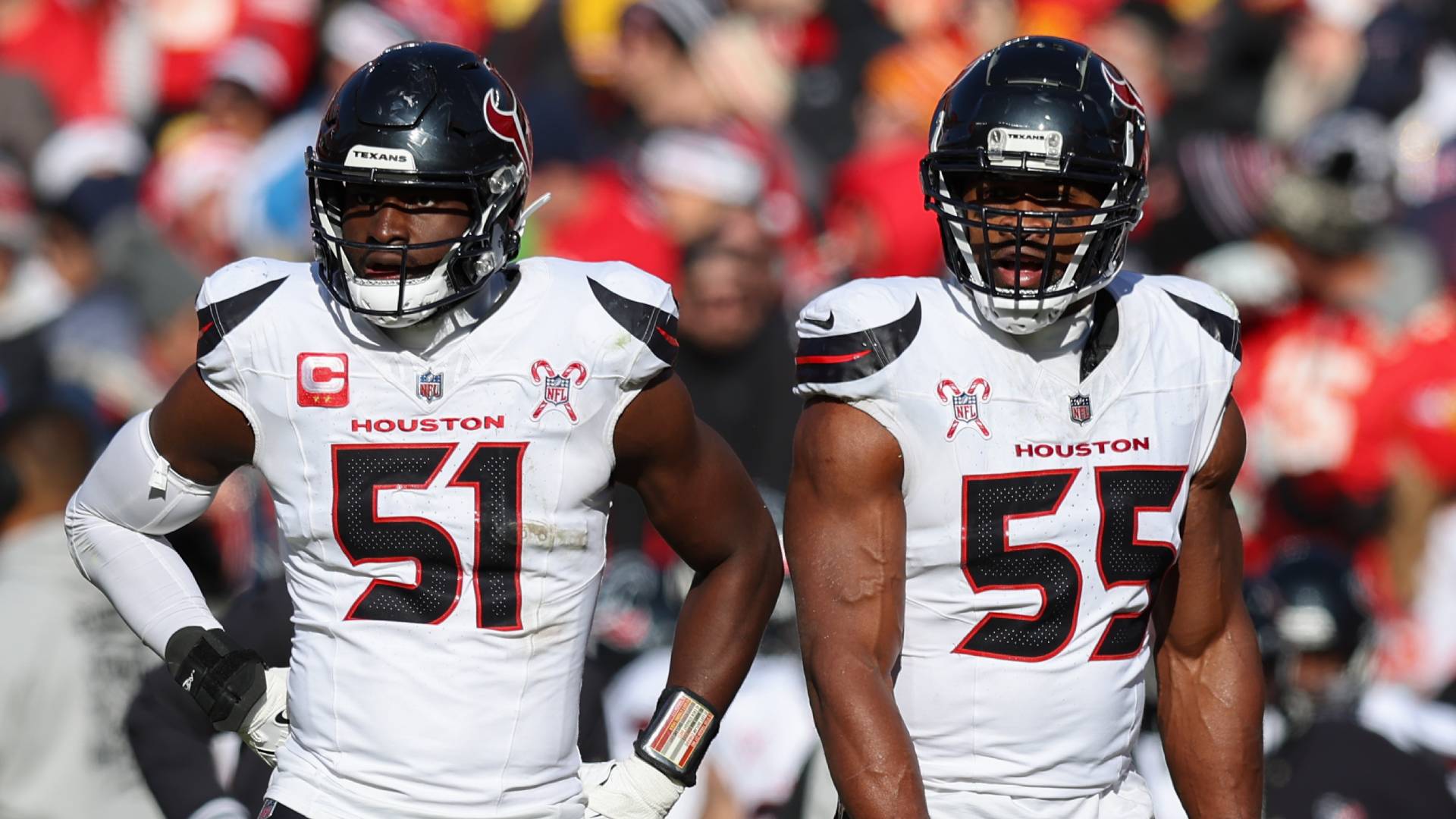 Houston Texans defensive ends Will Anderson Jr. (51) and Danielle Hunter (55