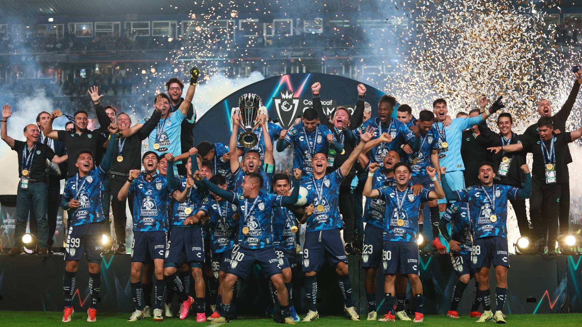 Pachuca celebrate with the trophy after winning the 2024 Concacaf Champions Cup final