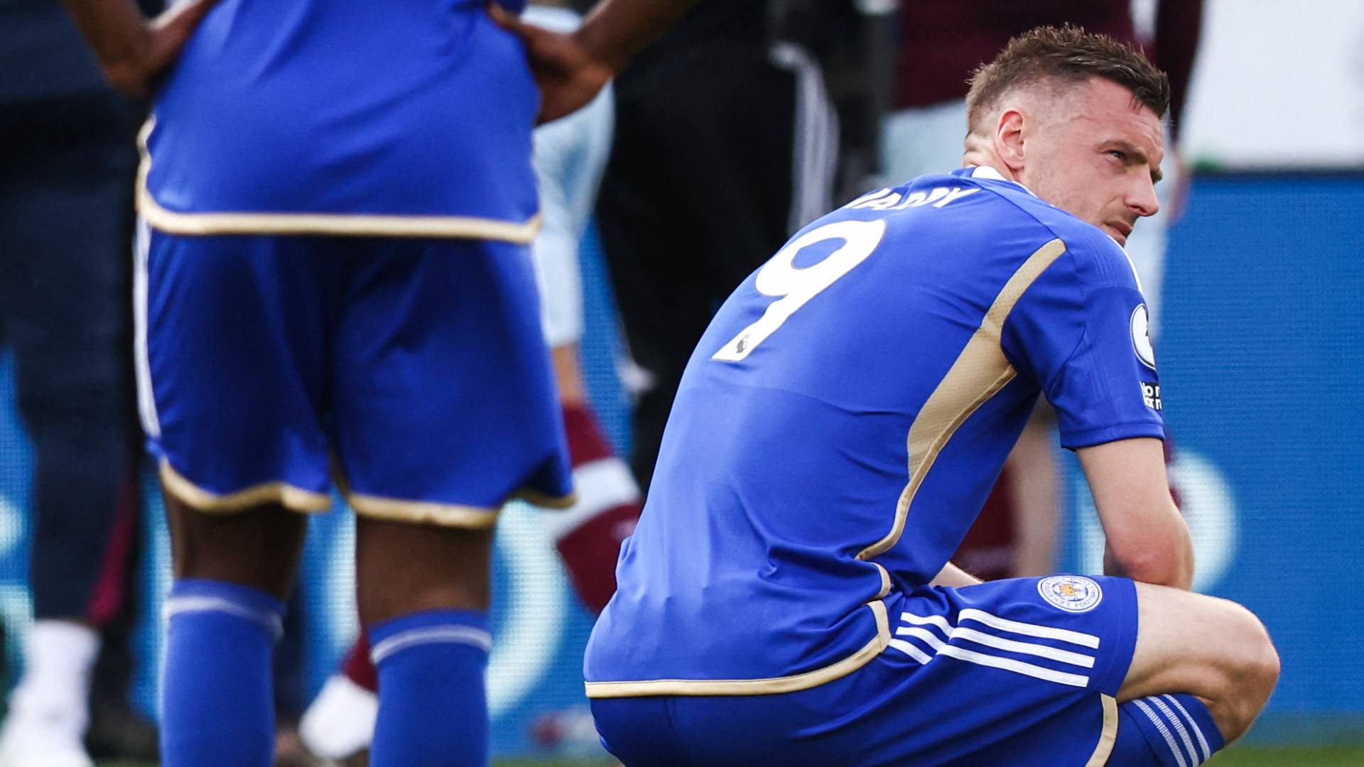 Leicester City striker Jamie Vardy react to their relegation