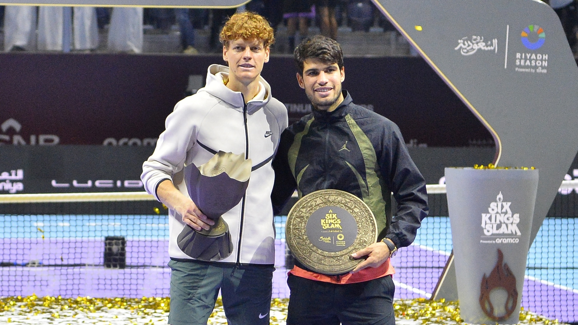 Jannik Sinner of Italy (left) and Carlos Alcaraz of Spain