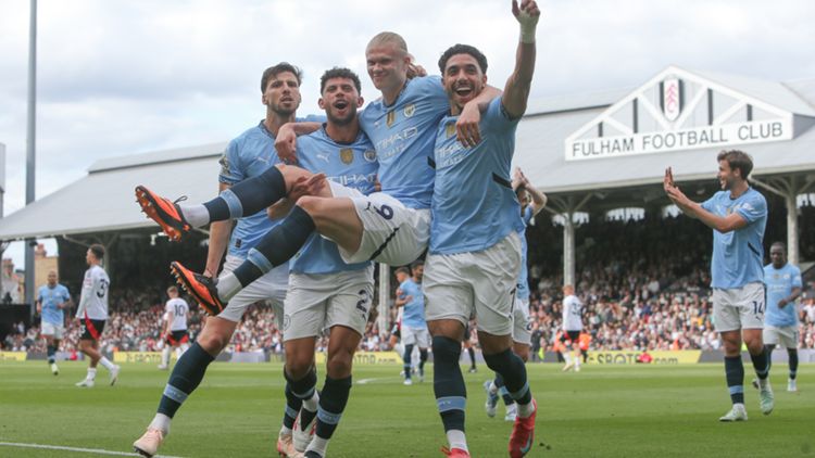 L'esultanza dei giocatori del Manchester City per il gol contro il Fulham