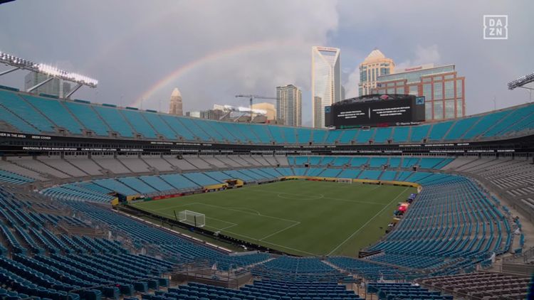 Rainbow at Bank of America Stadium during weather delay