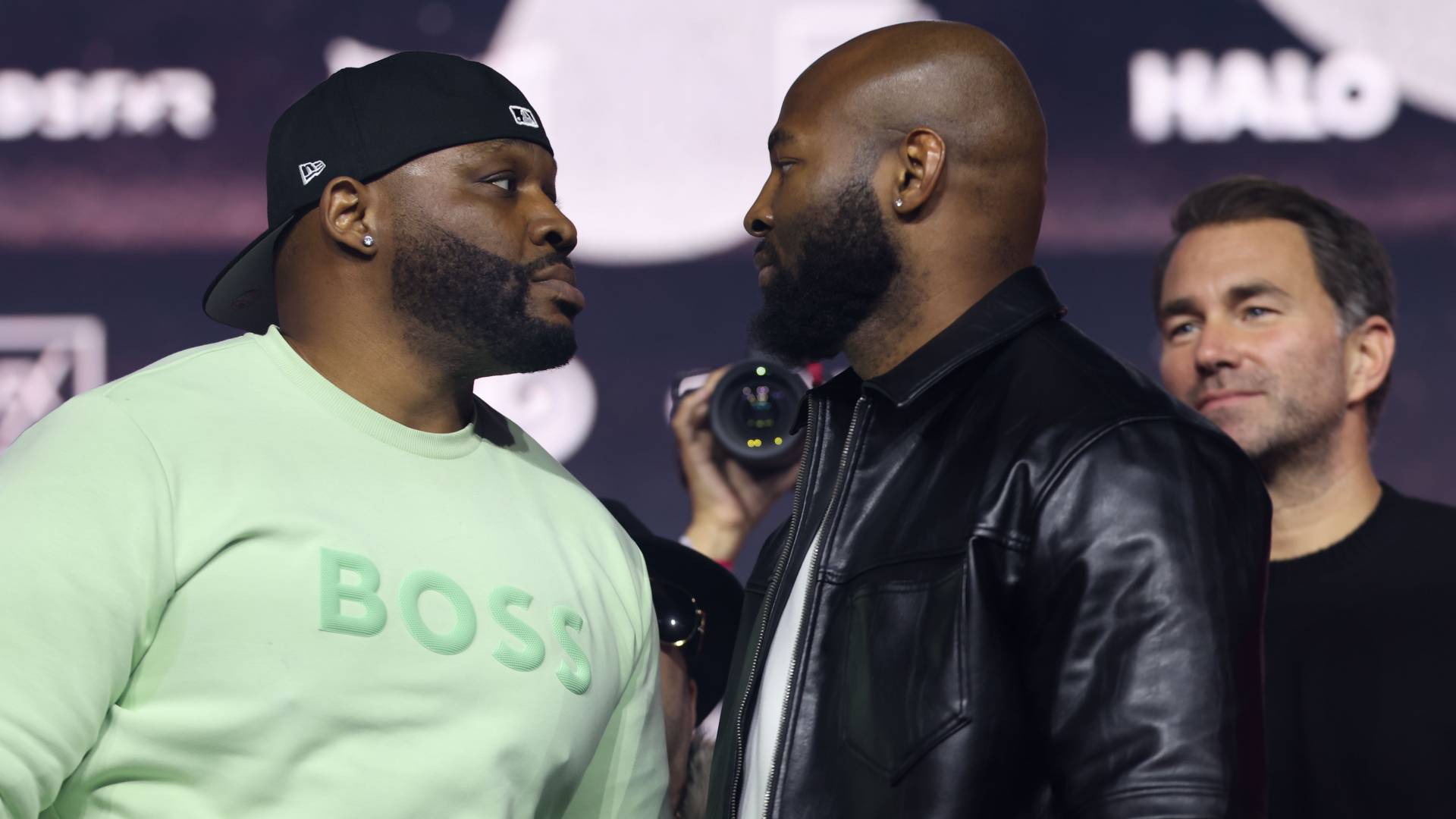 Kingsley Ibeh and Jarrell Miller face off during a press conference ahead of the Ring VI card