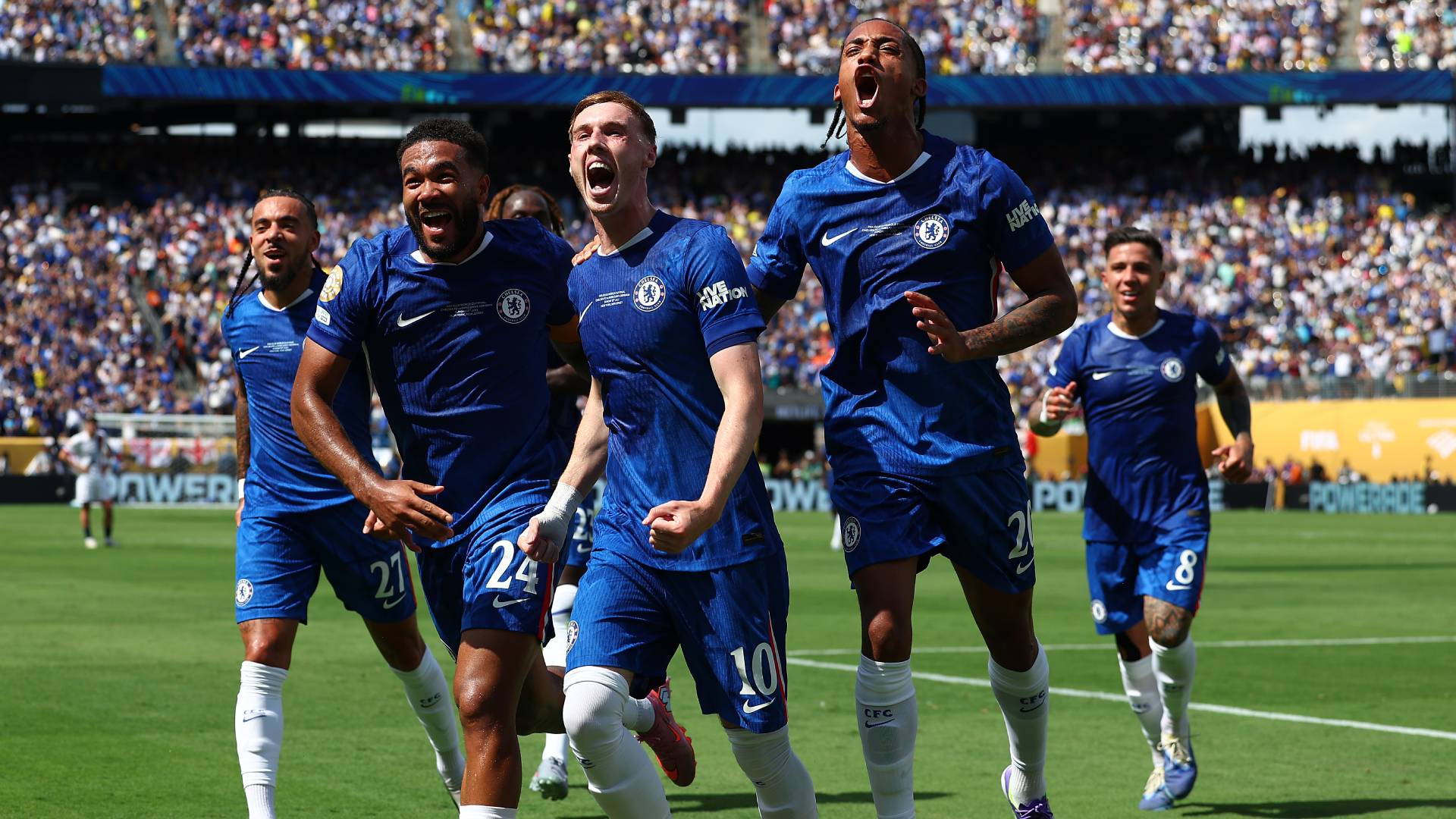 Cole Palmer of Chelsea celebrates scoring a goal to make the score 2-0 with Reece James & Joao Pedro