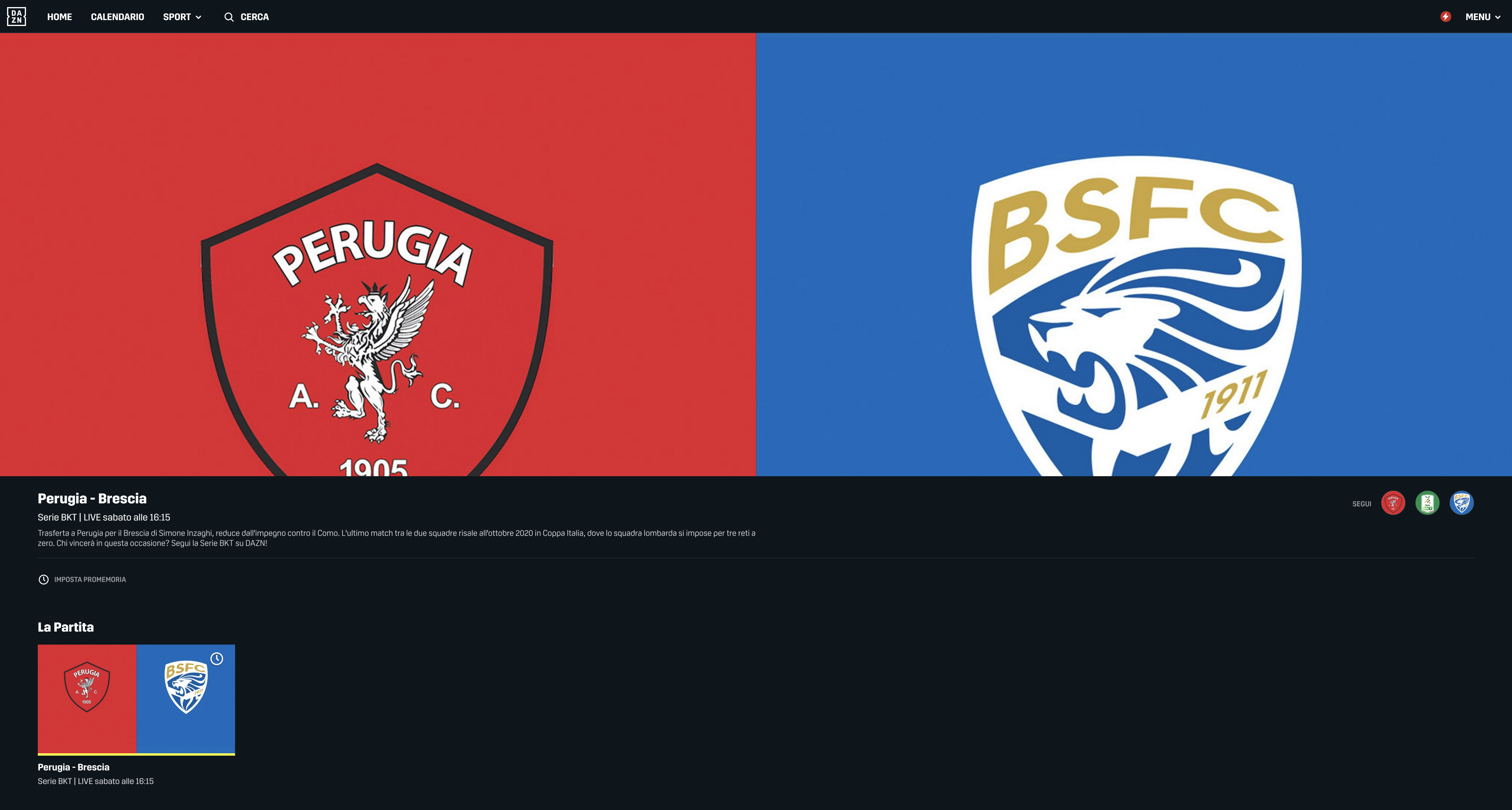 Perugia-Brescia su DAZN screen