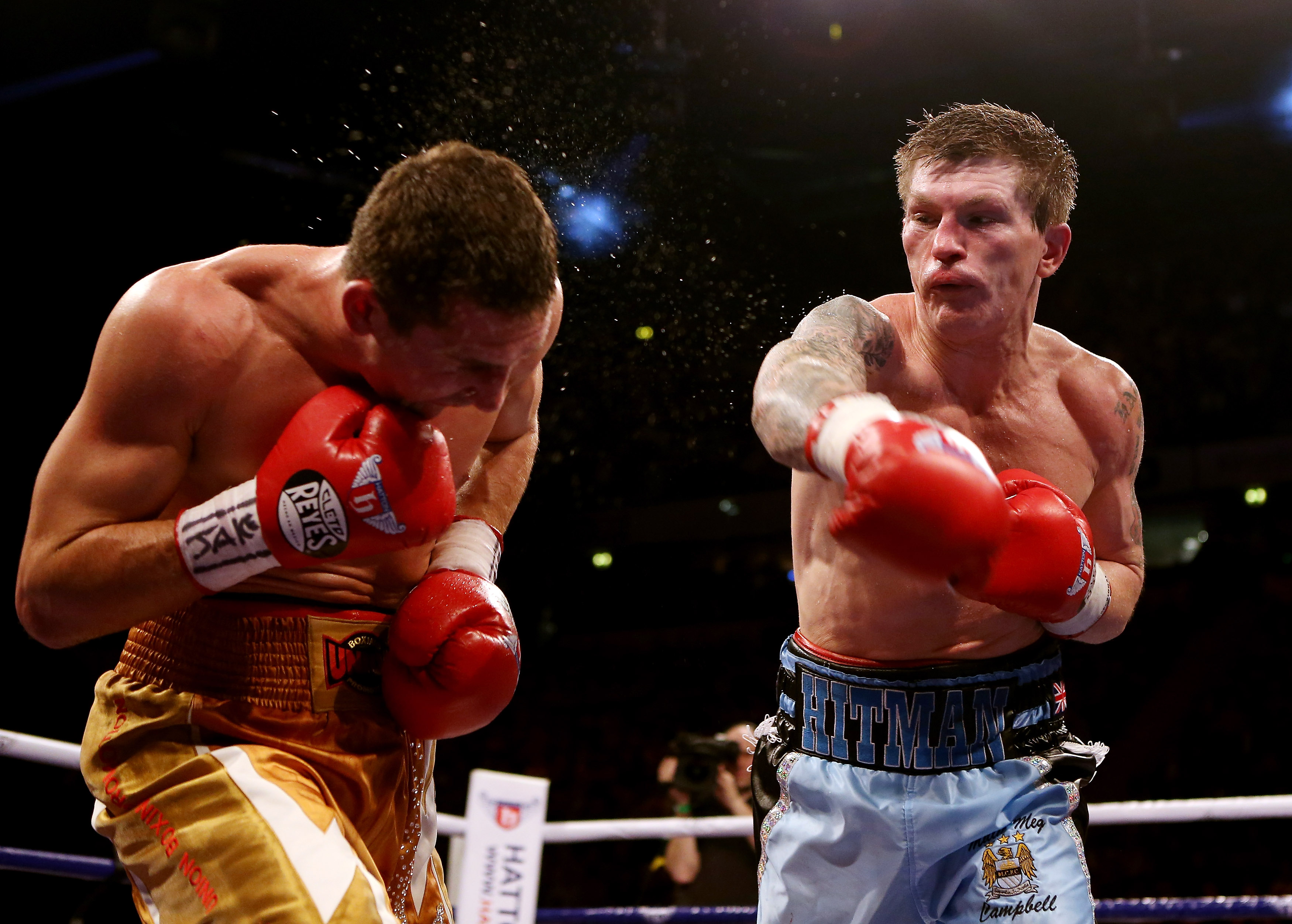 Ricky Hatton in action with Vyacheslav Senchenko of Ukraine during their Welterweight bout at the MEN Arena on November 24, 2012 in Manchester, England