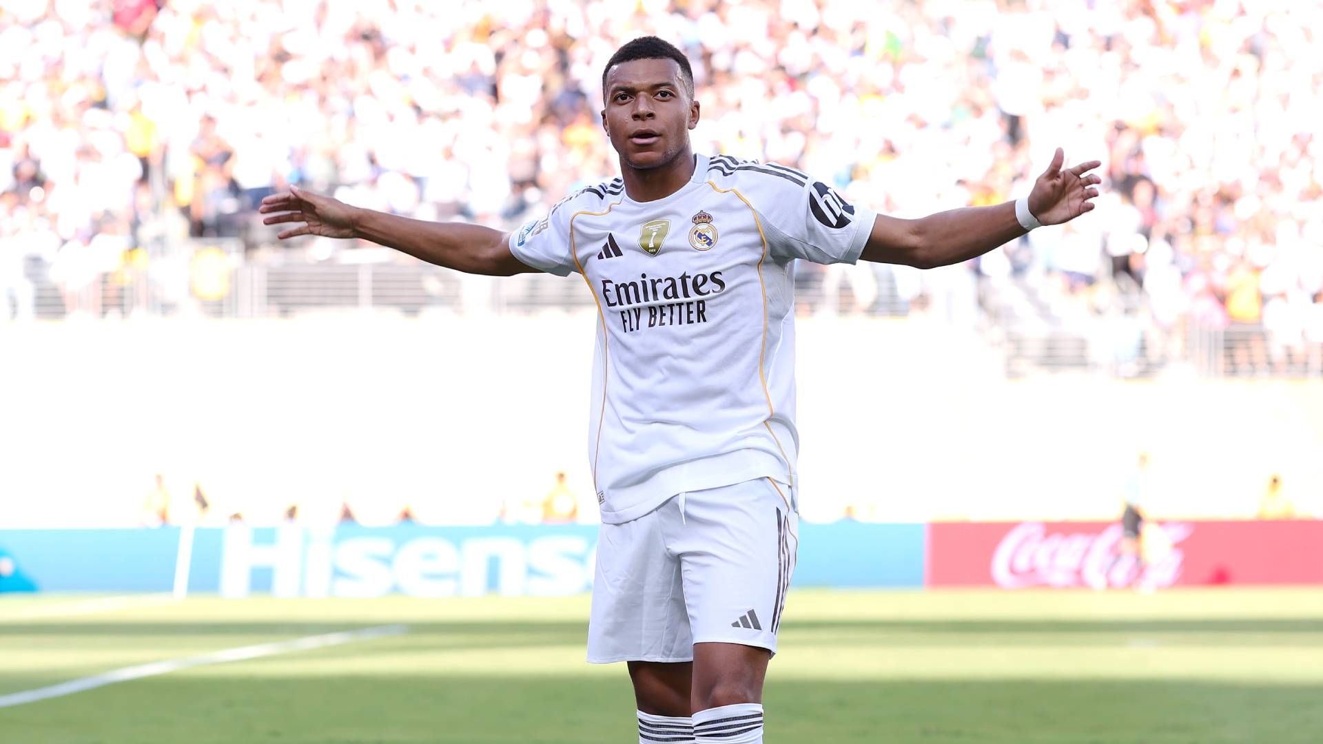 ylian Mbappe #9 of Real Madrid C.F. celebrates after scoring his team's third goal during the FIFA Club World Cup 2025 quarter-final match between Real Madrid CF and Borussia Dortmund