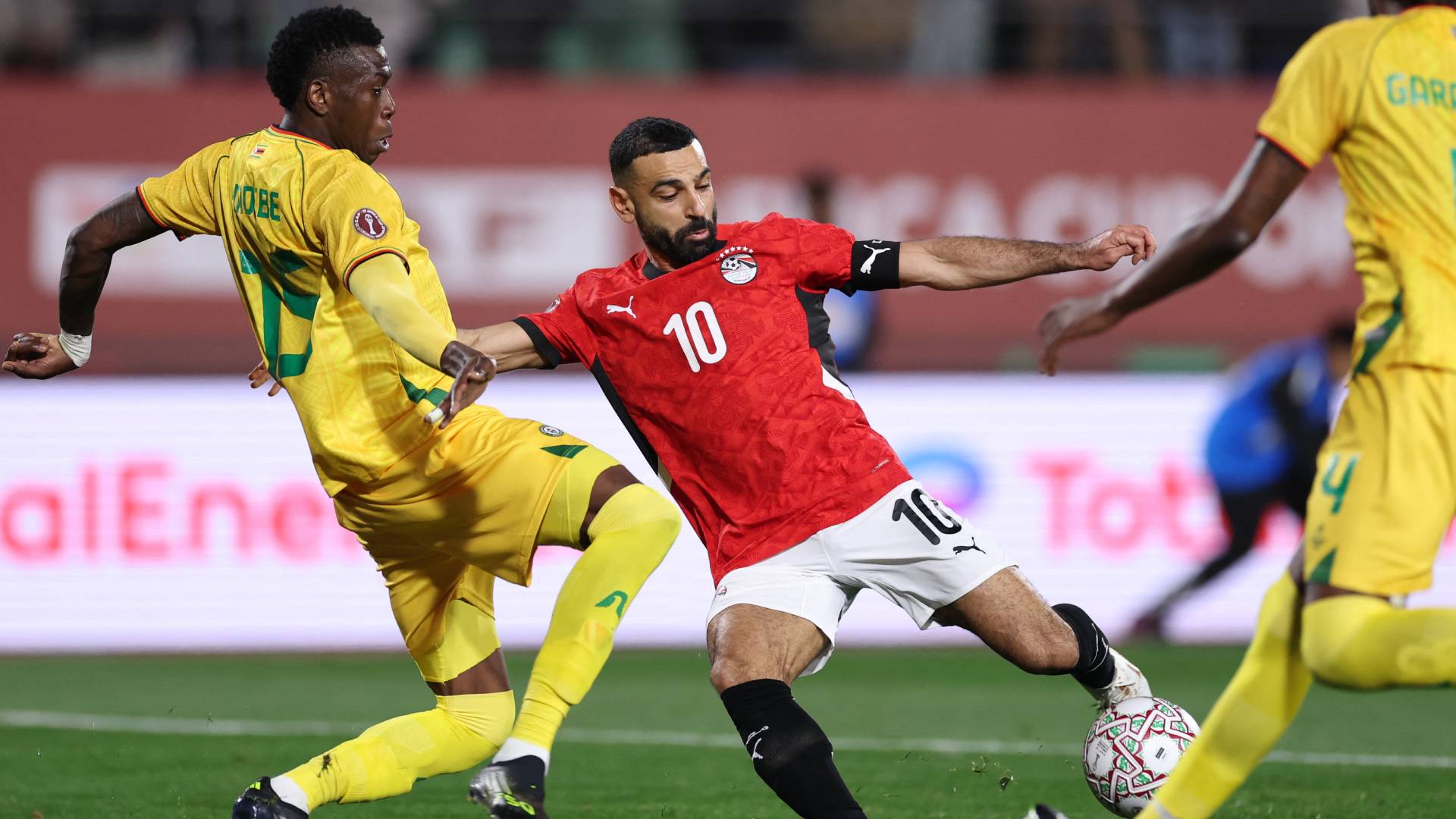 Mohamed Salah scores Egypt's second goal during the Africa Cup of Nations group B football match against Zimbabwe
