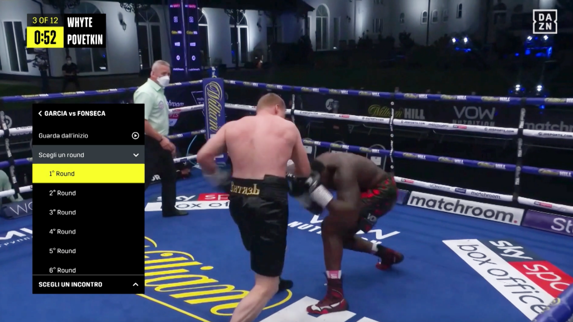 Schermata di selezione dei round durante un incontro di boxe su DAZN
