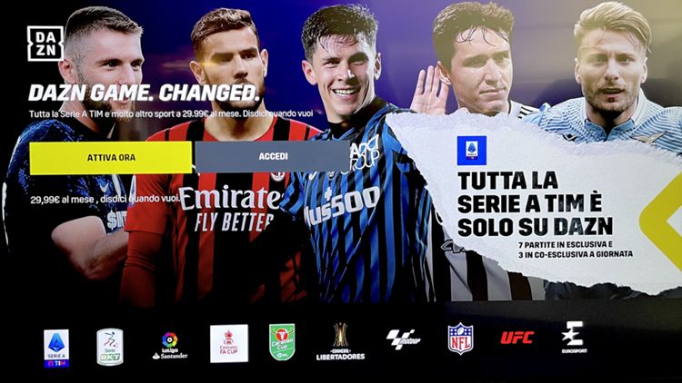Home page dell'app DAZN