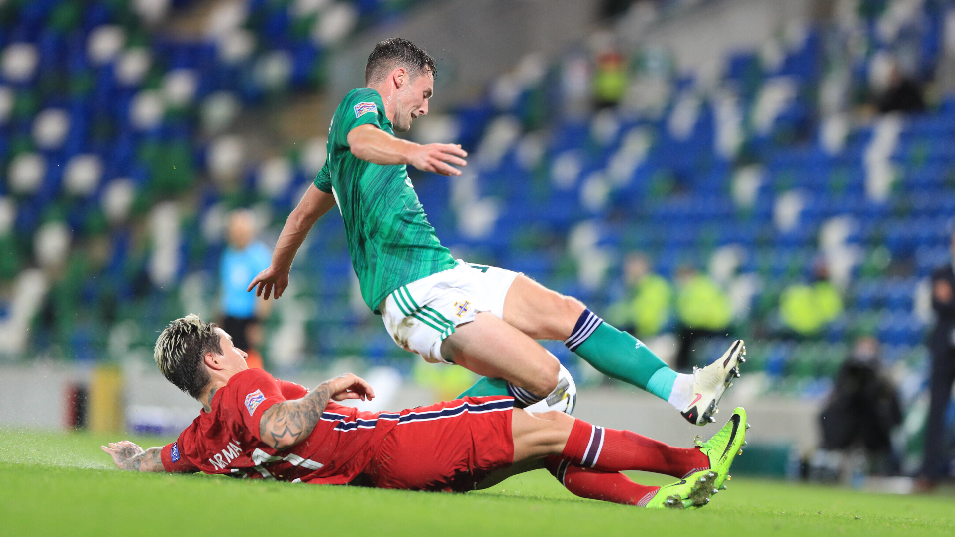 ONLY GERMANY Northern Ireland vs Norway Jordan Thompson Mathias Normann Tackle 07092020
