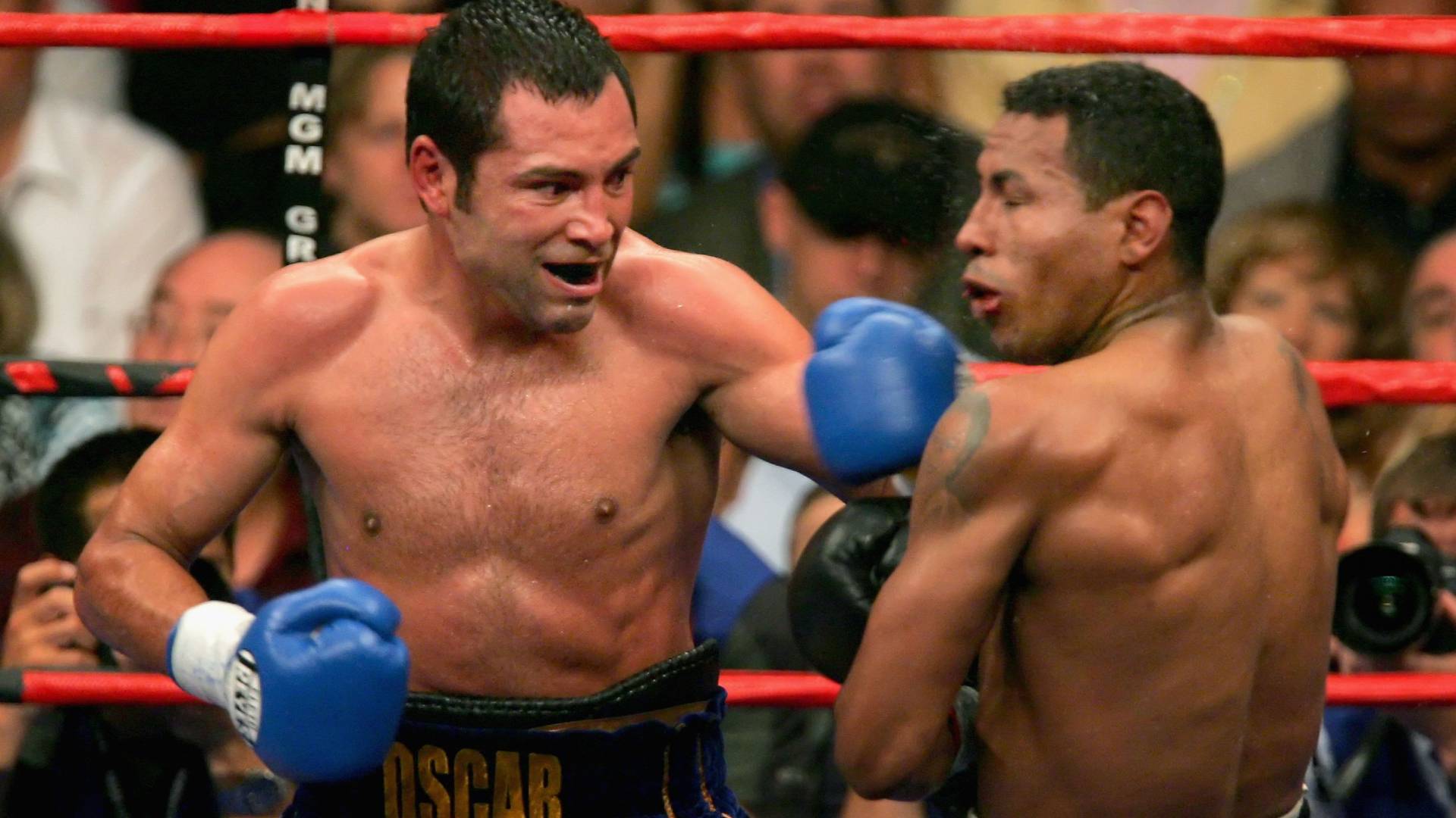 Oscar De La Hoya (L) lands a left hook against Ricardo Mayorga
