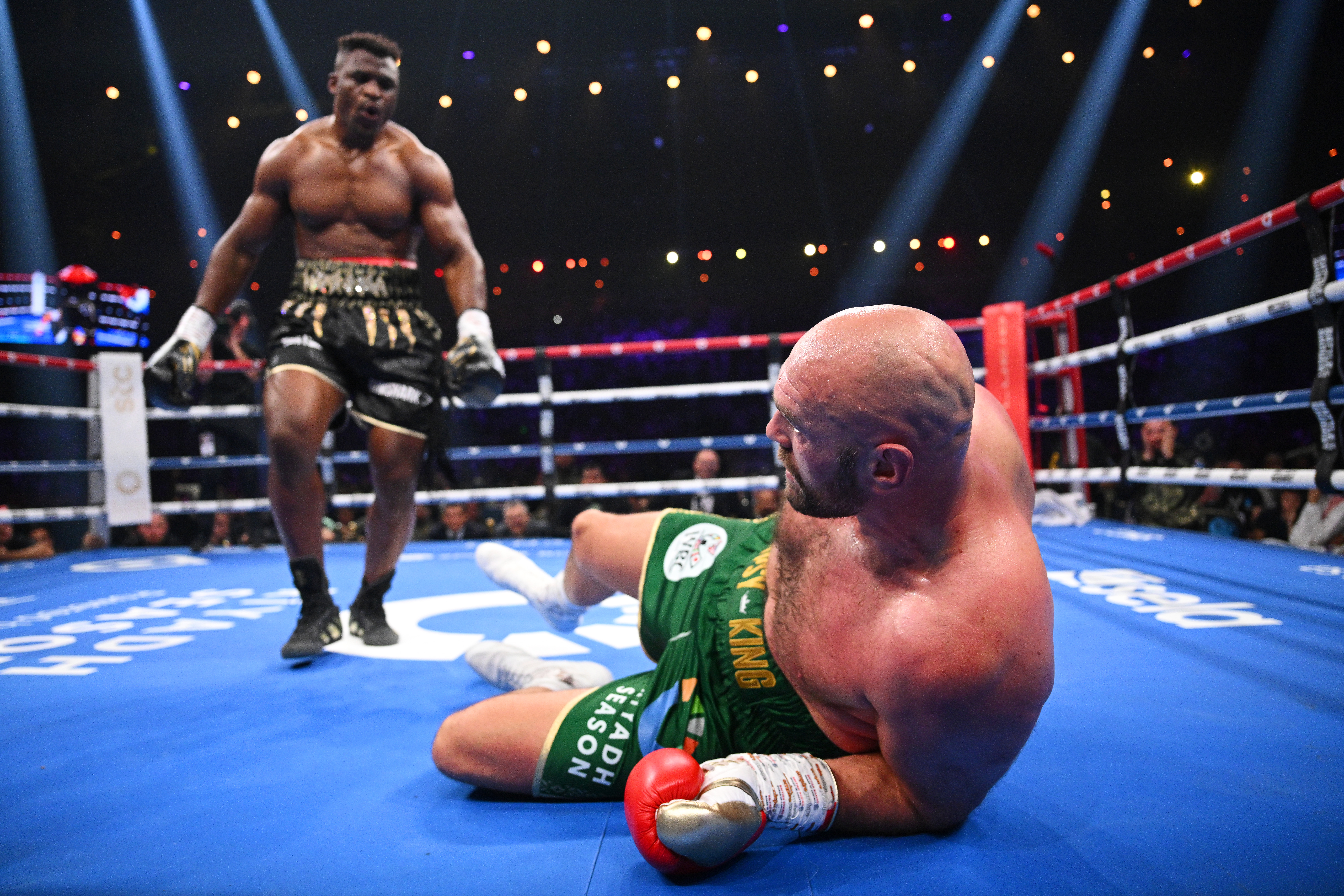 Francis Ngannou knocks down Tyson Fury during the Heavyweight fight