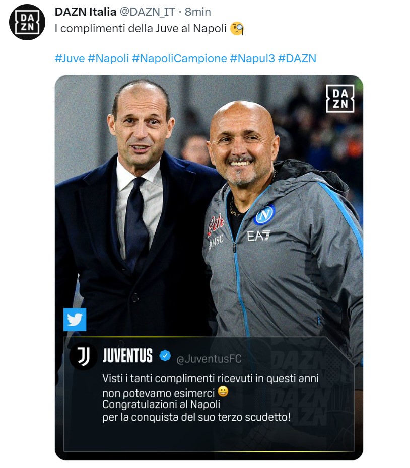 Napoli, gli auguri della Juventus