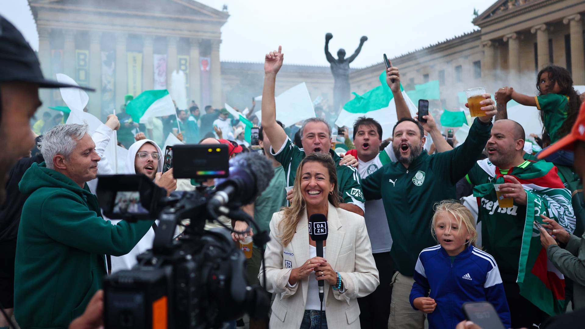 ans of SE Palmeiras meet at the 'Rocky Steps' in front of the Rocky statue as DAZN report live ahead of the FIFA Club World Cup 2025