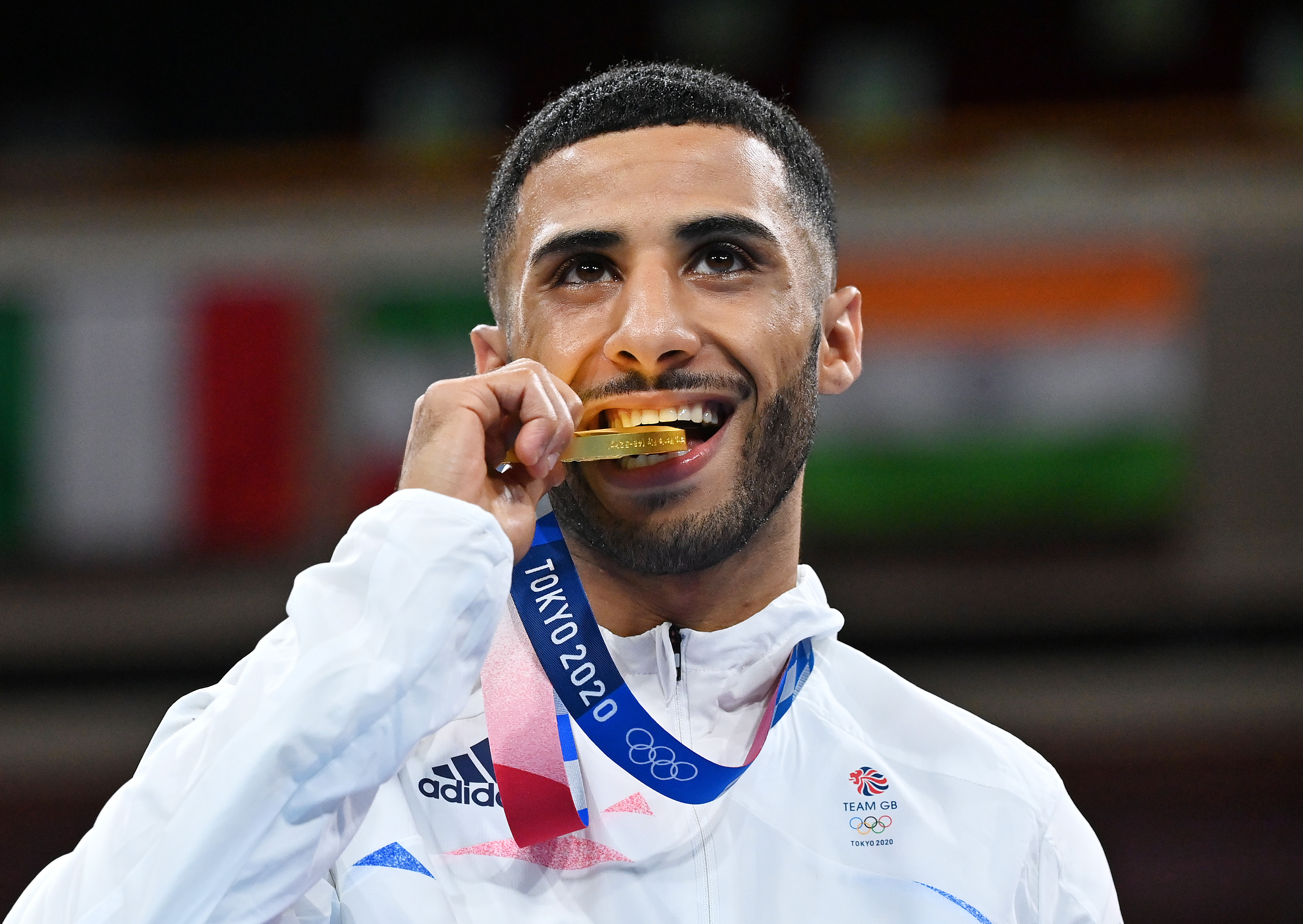 Galal Yafai of Team Great Britain poses on the podium