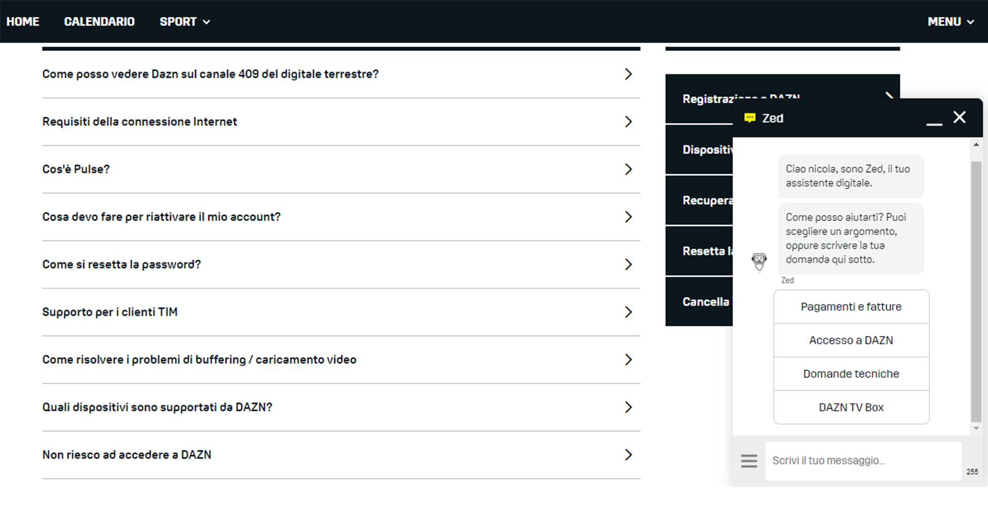 Zed, l'assistente virtuale della chat DAZN