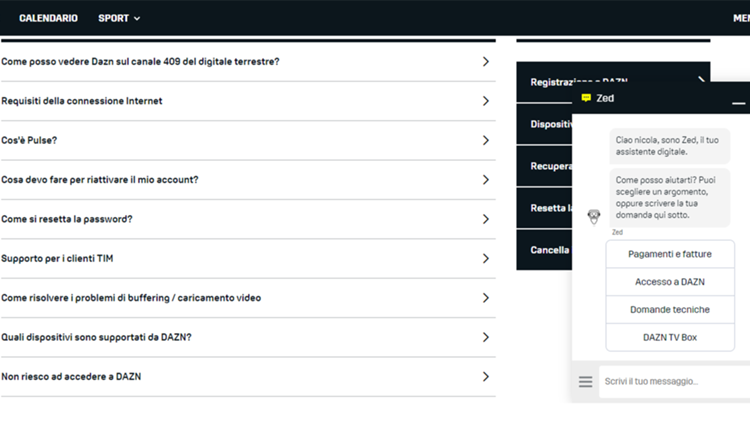 Zed, l'assistente virtuale della chat DAZN