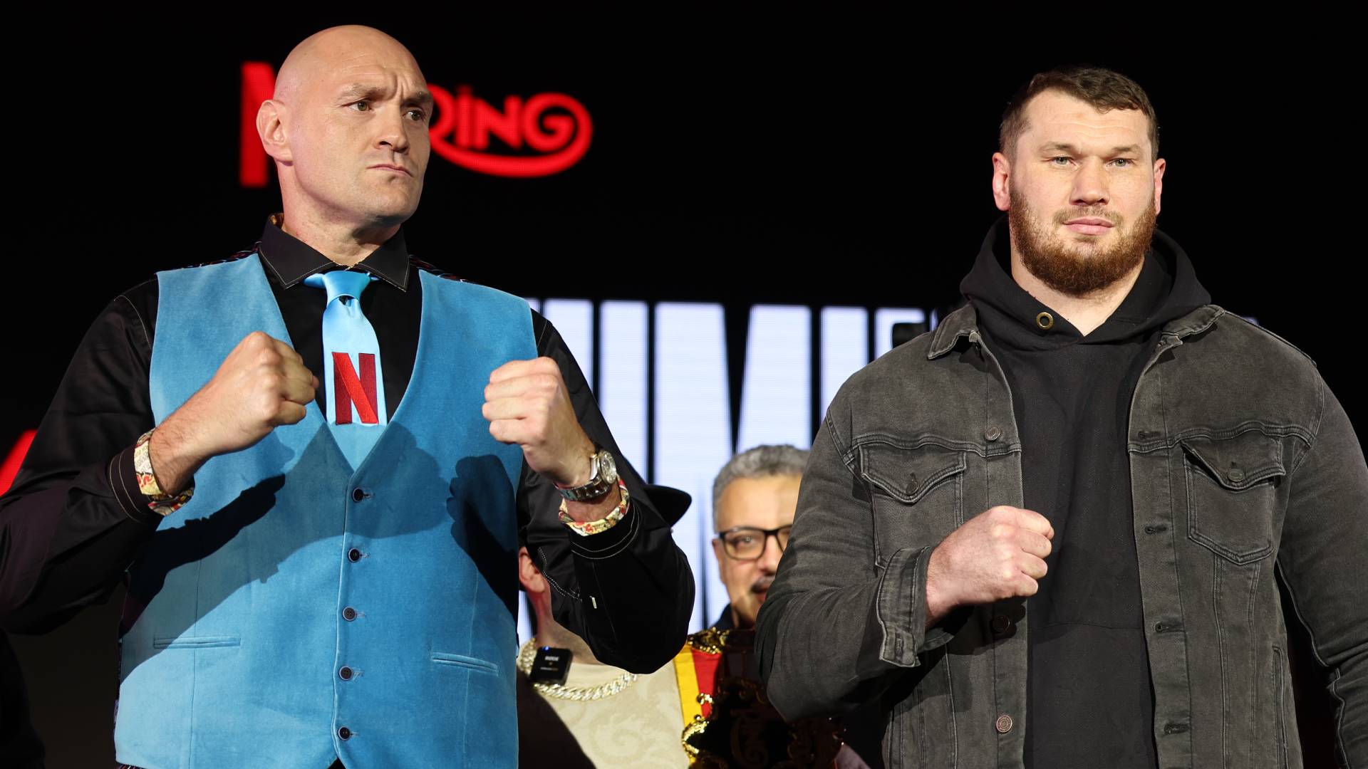 Tyson Fury and Arslanbek Makhmudov pose for a photo during the Tyson Fury v Arslanbek Makhmudov press conference