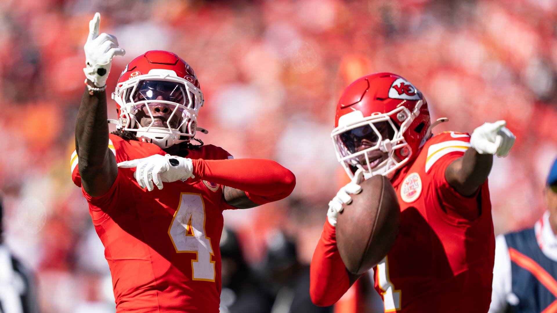 Rashee Rice of the Kansas City Chiefs celebrates with his teammate Xavier Worthy