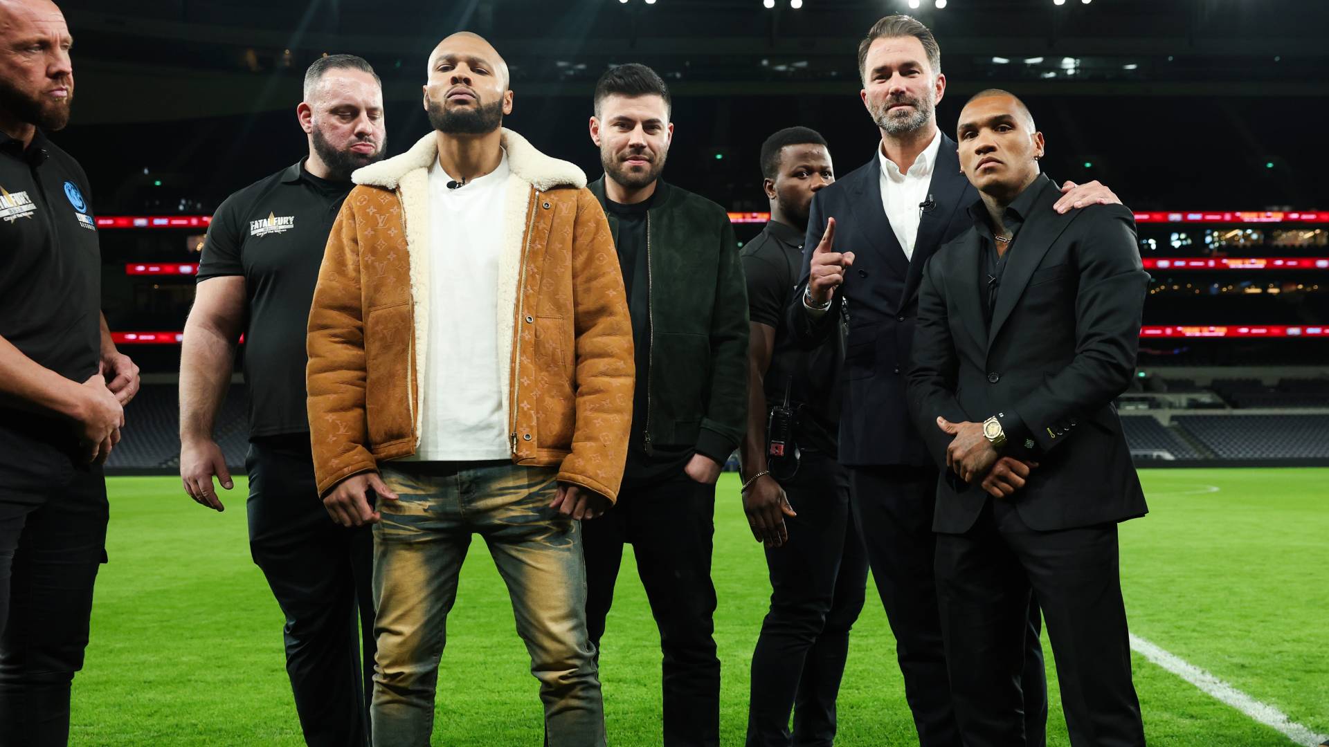 Chris Eubank Jr and Conor Benn with promoters Ben Shalom and Eddie Hearn at Tottenham Hotspur Stadium_27022025