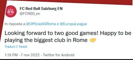 Tweet Salisburgo dopo l'annuncio della sfida contro la Roma in Europa League
