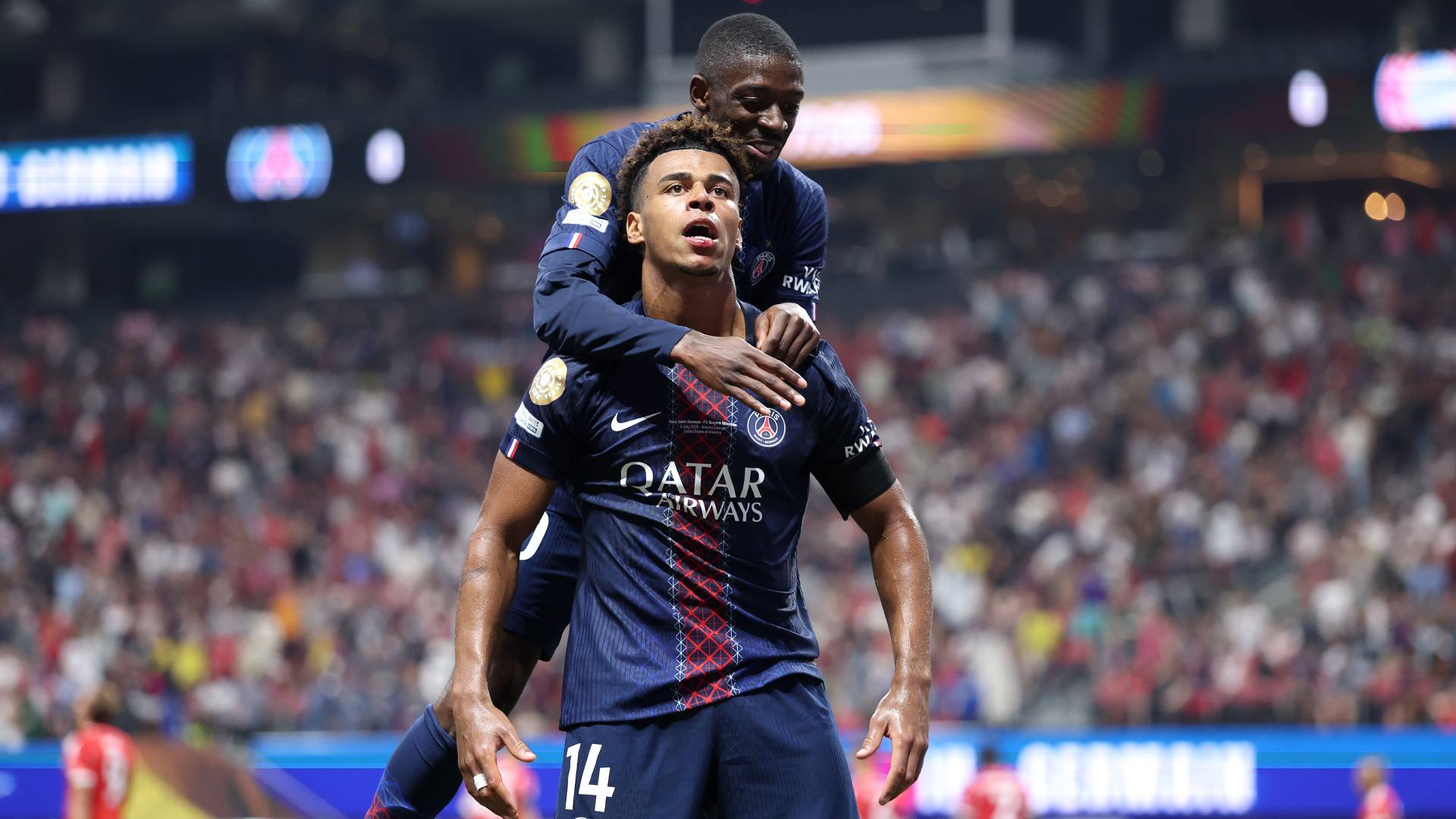 Doue and Dembele celebrate against Bayern_05072025