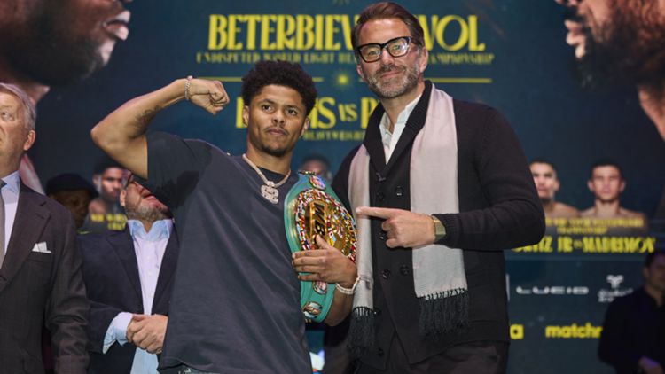 Shakur Stevenson and Eddie Hearn Chairman of Matchroom during the Launch Press Conference of his WBC World Lightweight Title fight against Floyd Schofield