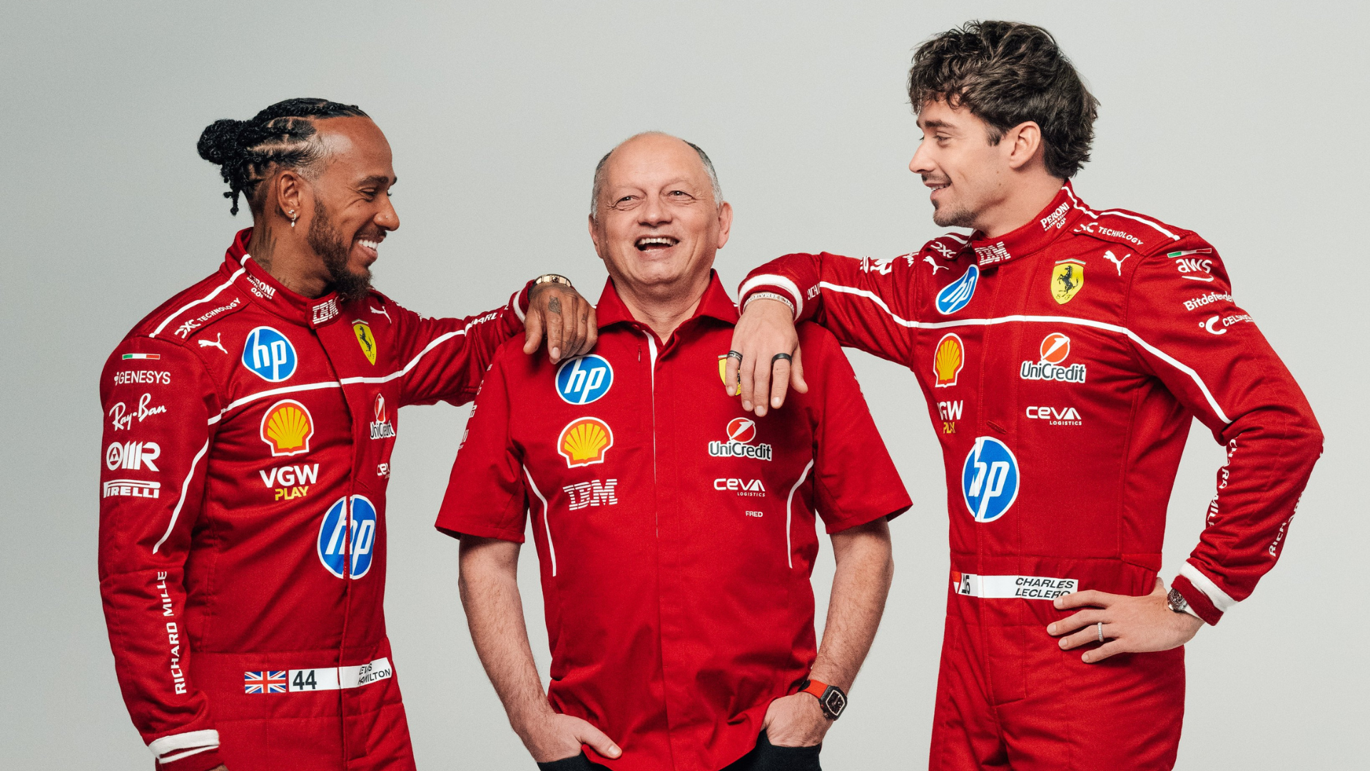 Lewis Hamilton, Charles Leclerc y Fred Vasseur, Ferrari
