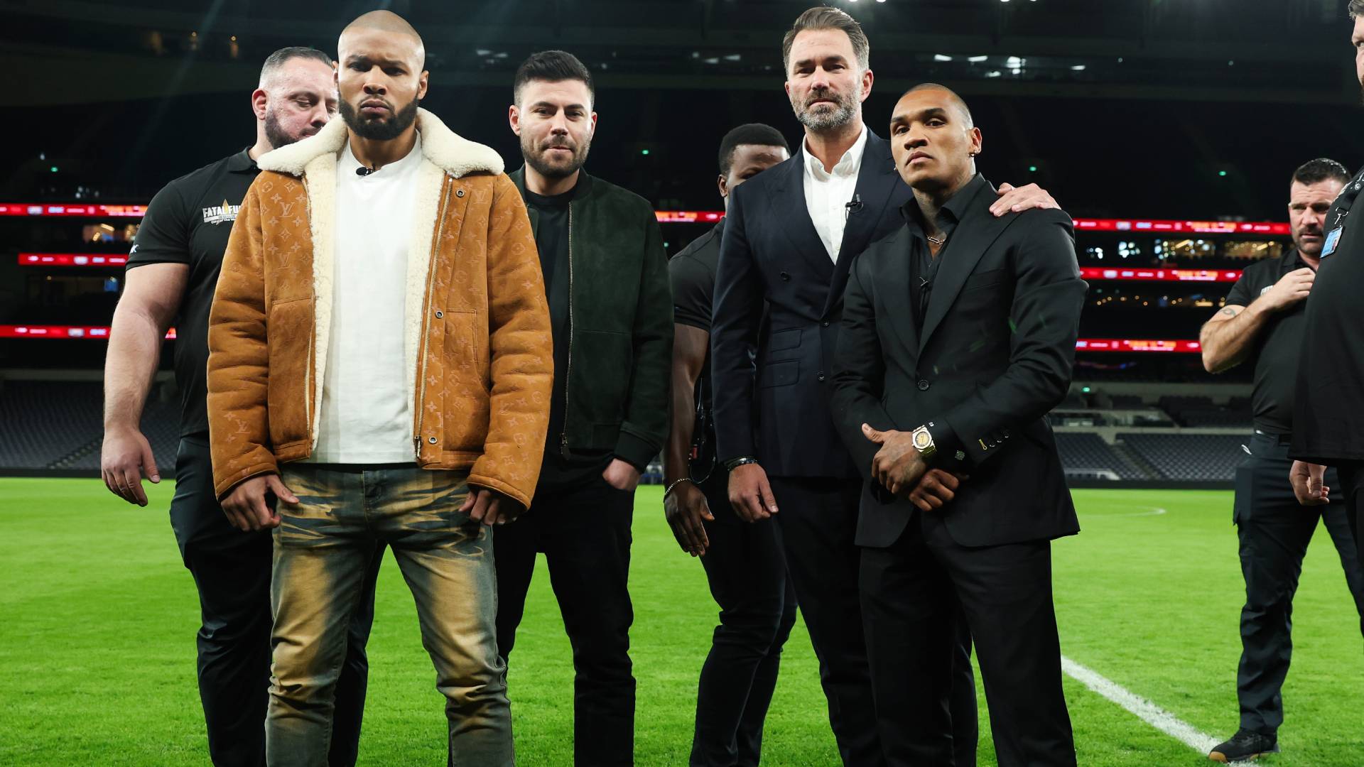 Eubank Jr and Benn with Hearn and Shalom on Tottenham Hotspur pitch_27022025