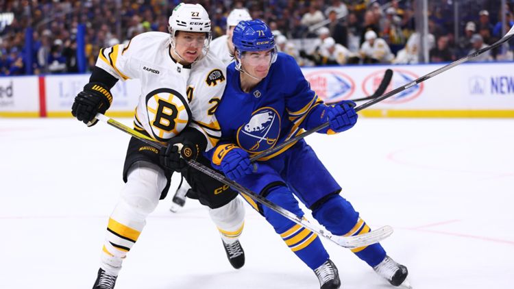 Hampus Lindholm #27 Boston Bruins Ryan McLeod #71 Buffalo Sabres NHL 25032026