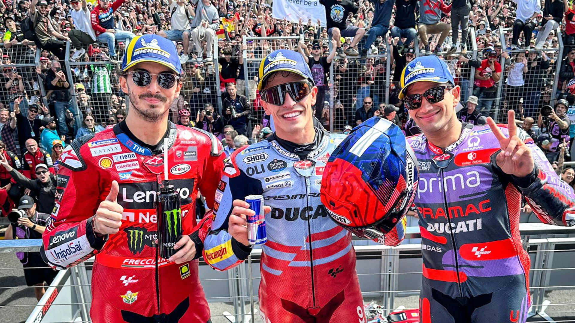 Pecco Bagnaia, Márquez, Jorge Martín, podio Australia