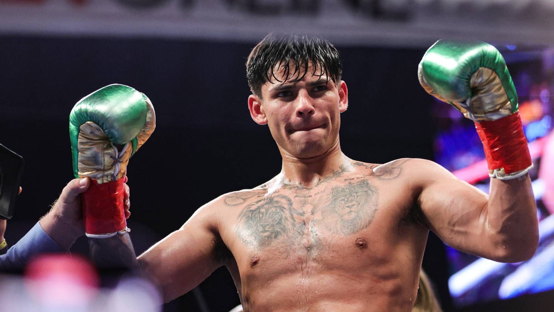 Ryan Garcia celebrates defeating Emmanuel Tagoe