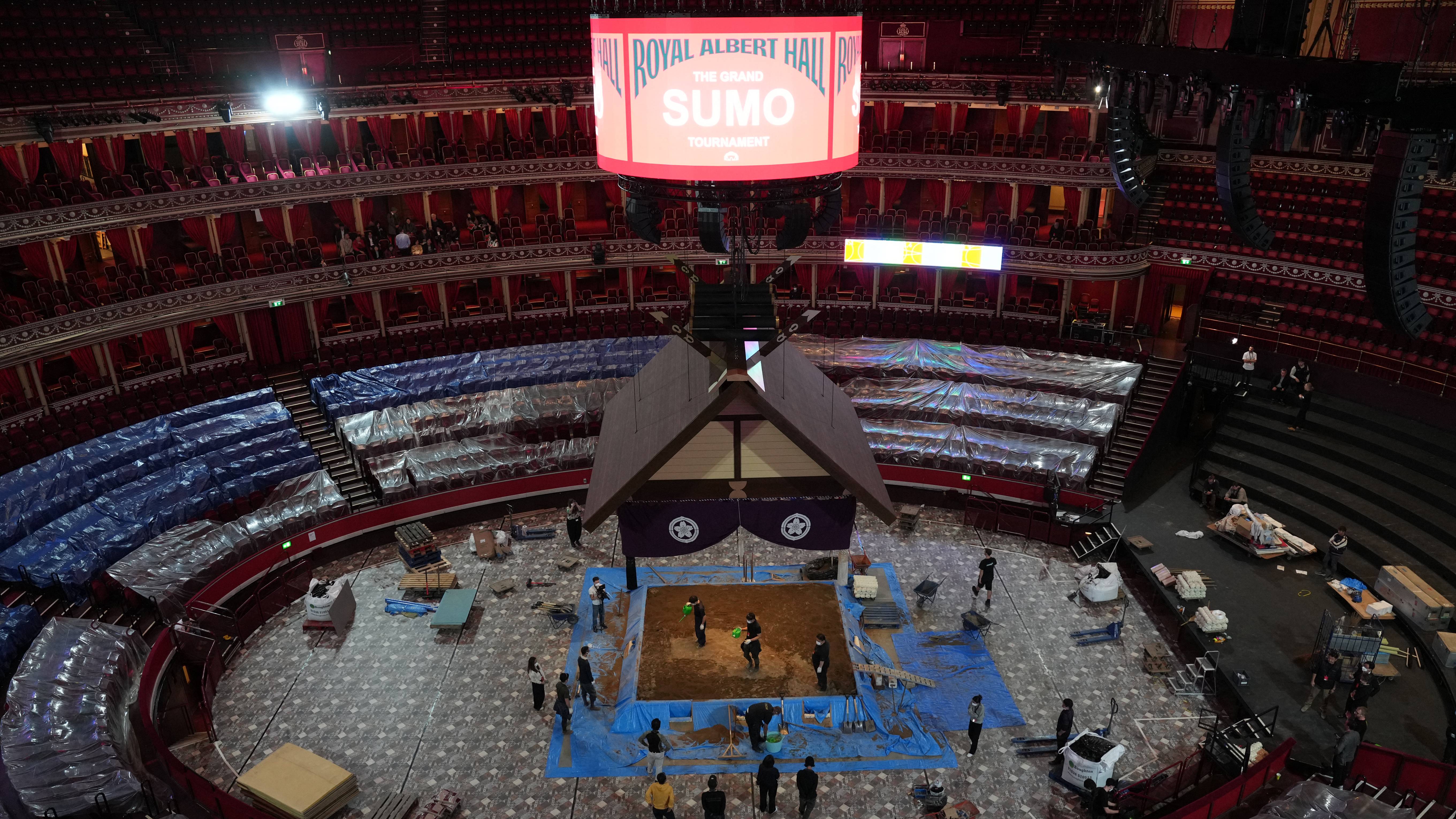 Preparations inside the Royal Albert Hall ahead of the Grand Sumo Tournament