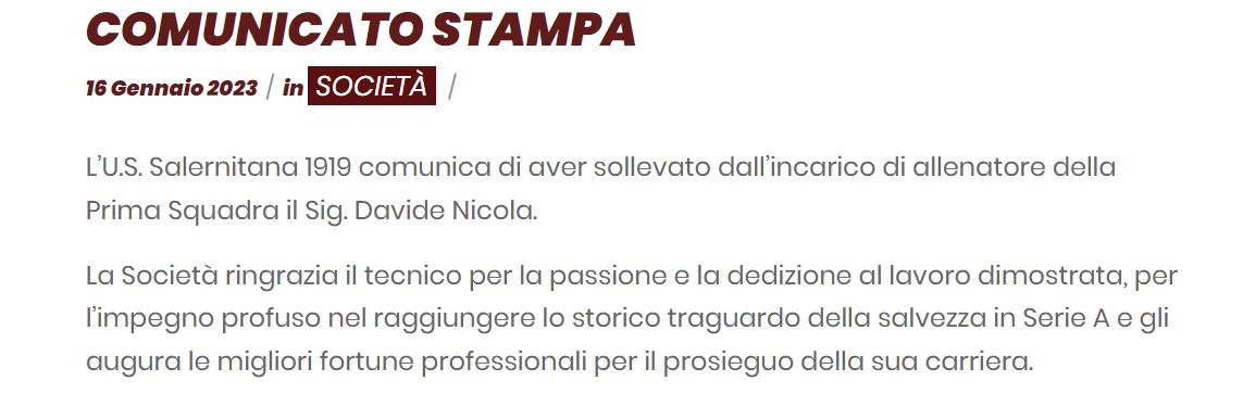 Il comunicato della Salernitana sull'esonero di Davide Nicola