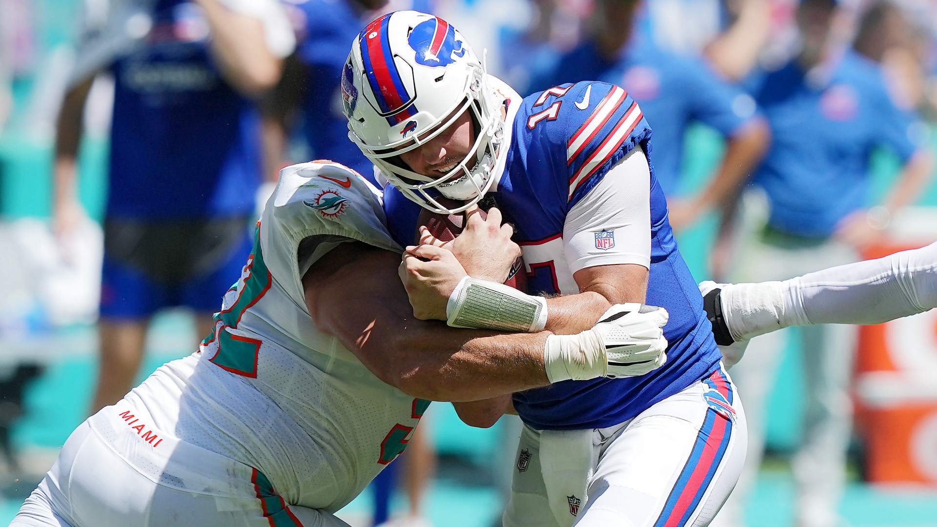 Josh Allen #17 Buffalo Bills Zach Sieler #92 Miami Dolphins NFL 25092022