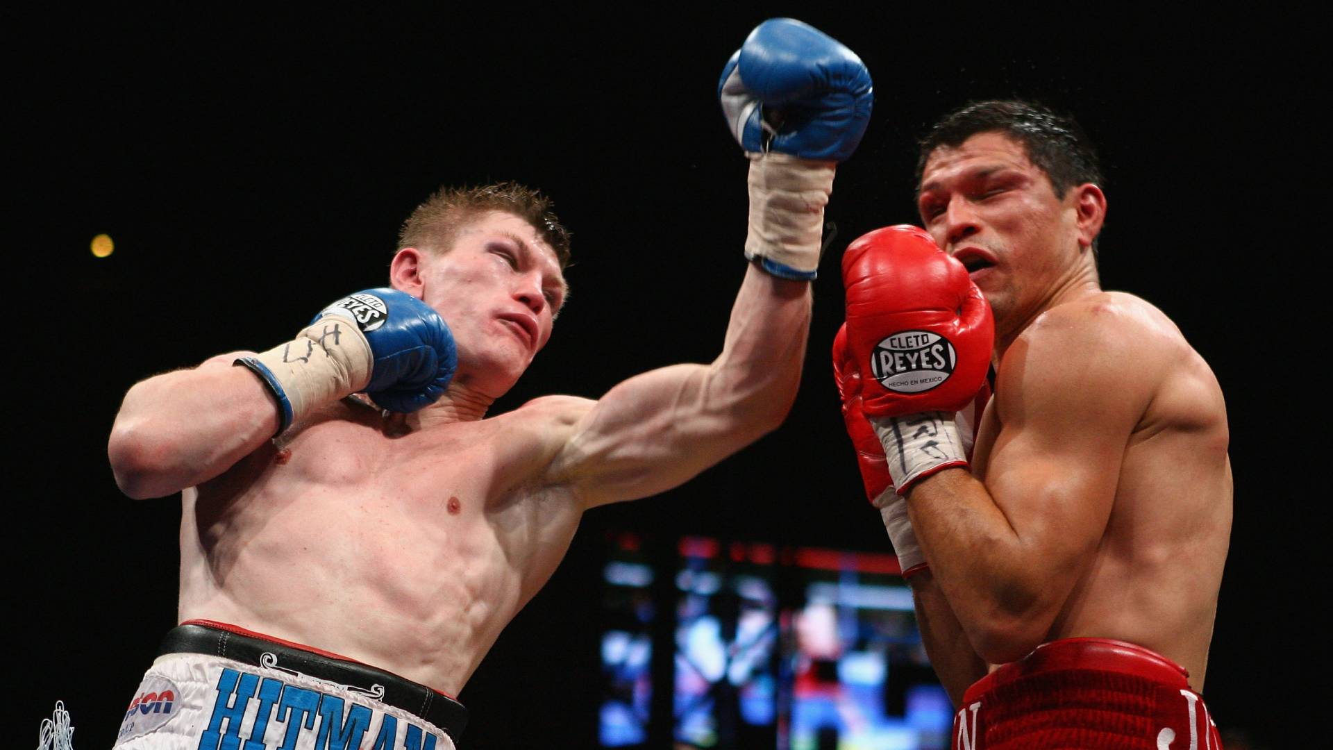 Ricky Hatton hits Juan Lazcano with a left hand punch during the IBO light-welterweight title fight in 2008