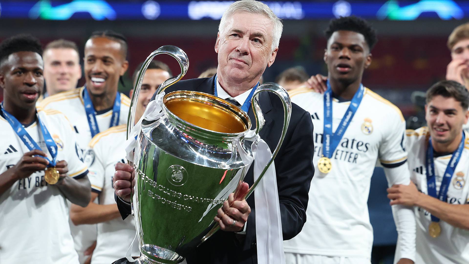 Real Madrid manager Carlo Ancelotti is seen with the trophy during the UEFA Champions League 2023/24