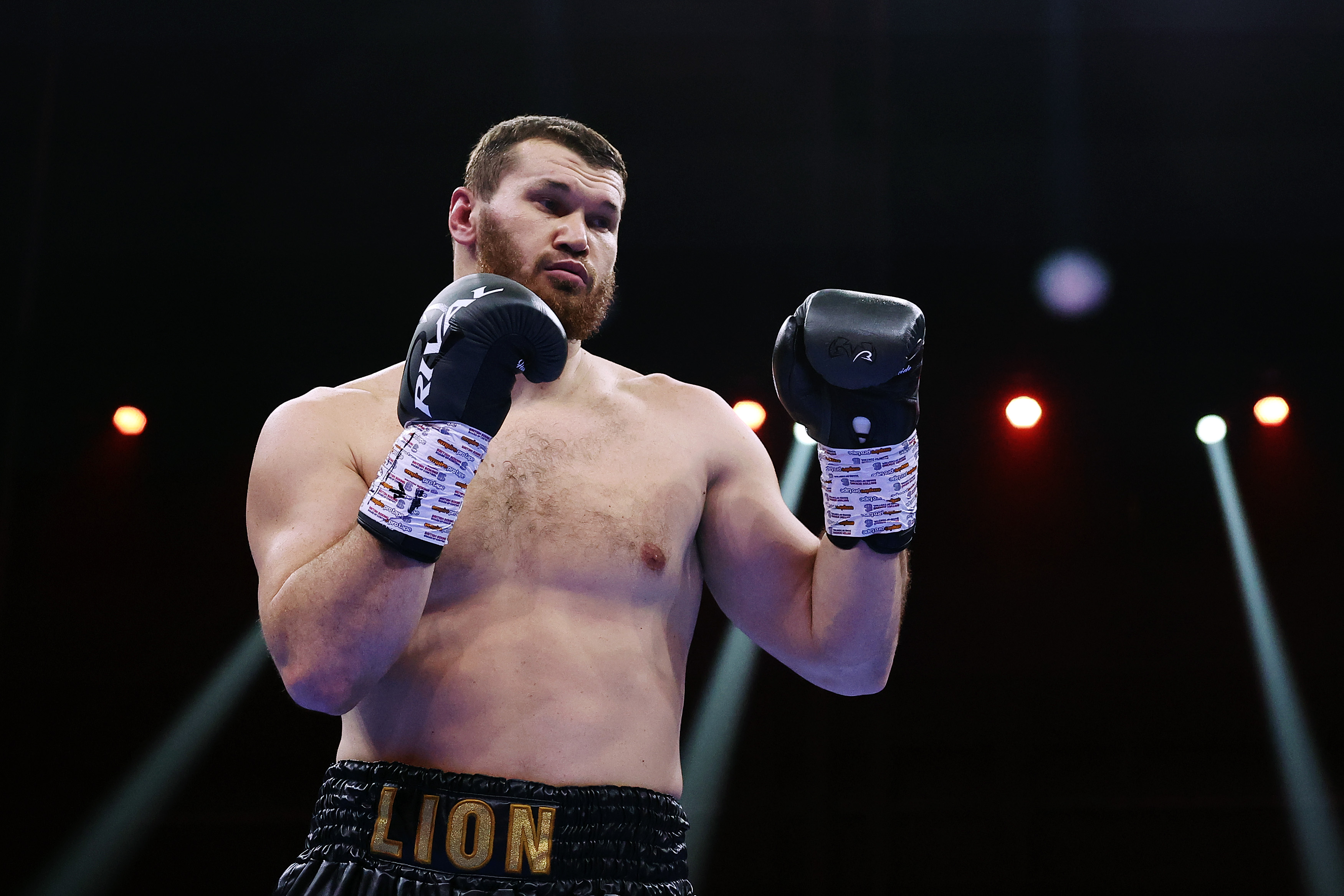 Arslanbek Makhmudov looks on during the WBA Inter-Continental & North American Boxing Federation Heavyweight title fight