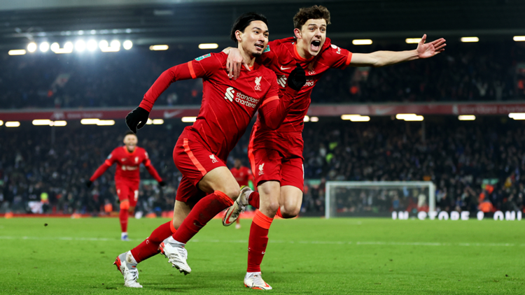 Takumi Minamino, Liverpool vs Leicester, Carabao Cup, 22 diciembre 2021