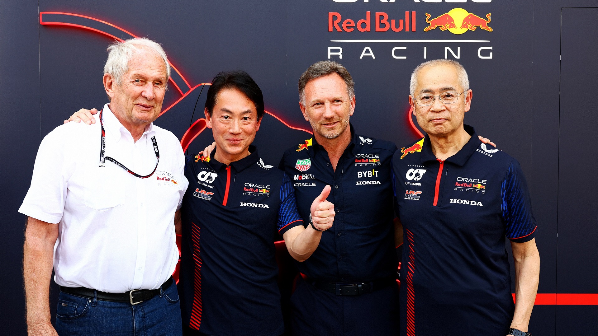 2023-07-06 Helmut Marko, Koji Watanabe Christian Horner Yasuaki Asaki F1 Formula 1