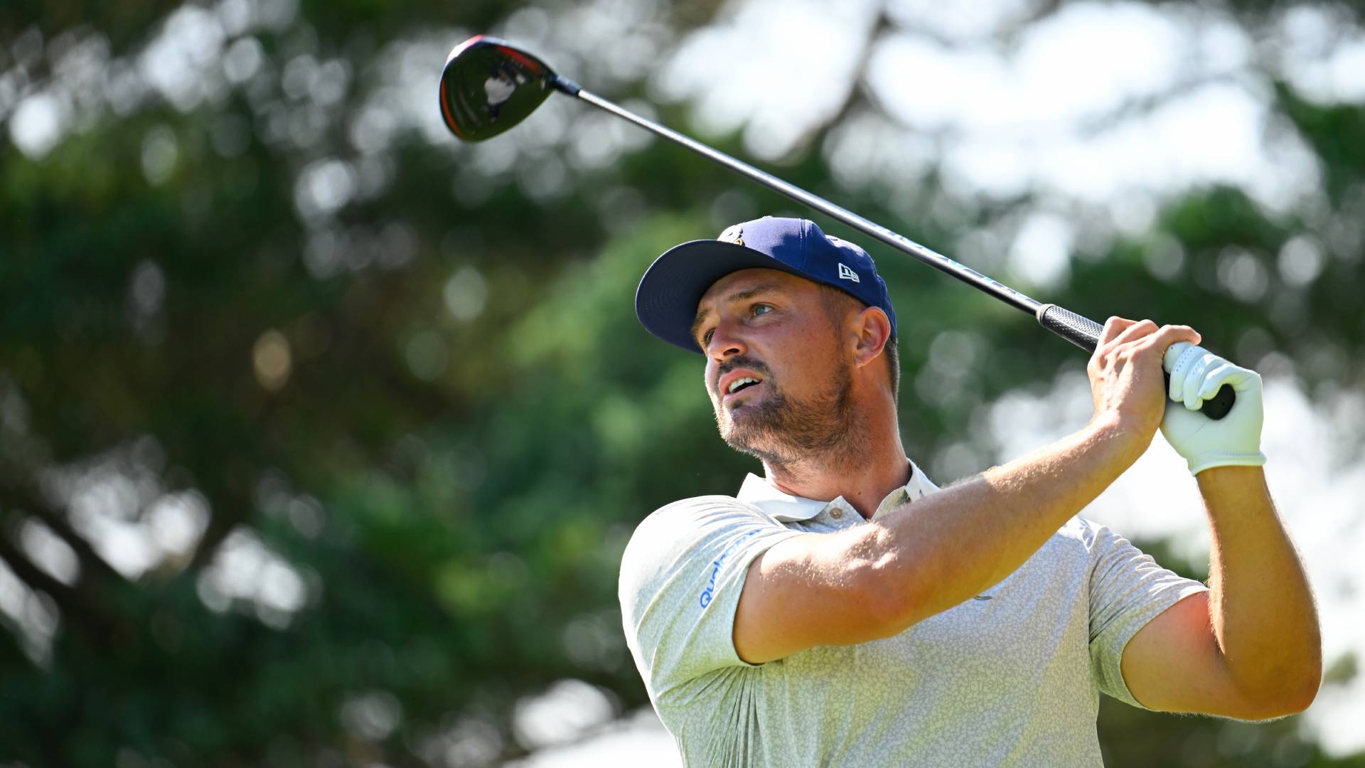 Bryson DeChambeau of Crushers GC tees off at the 13th hole on day two of LIV Golf Virginia at Robert Trent Jones Golf Club