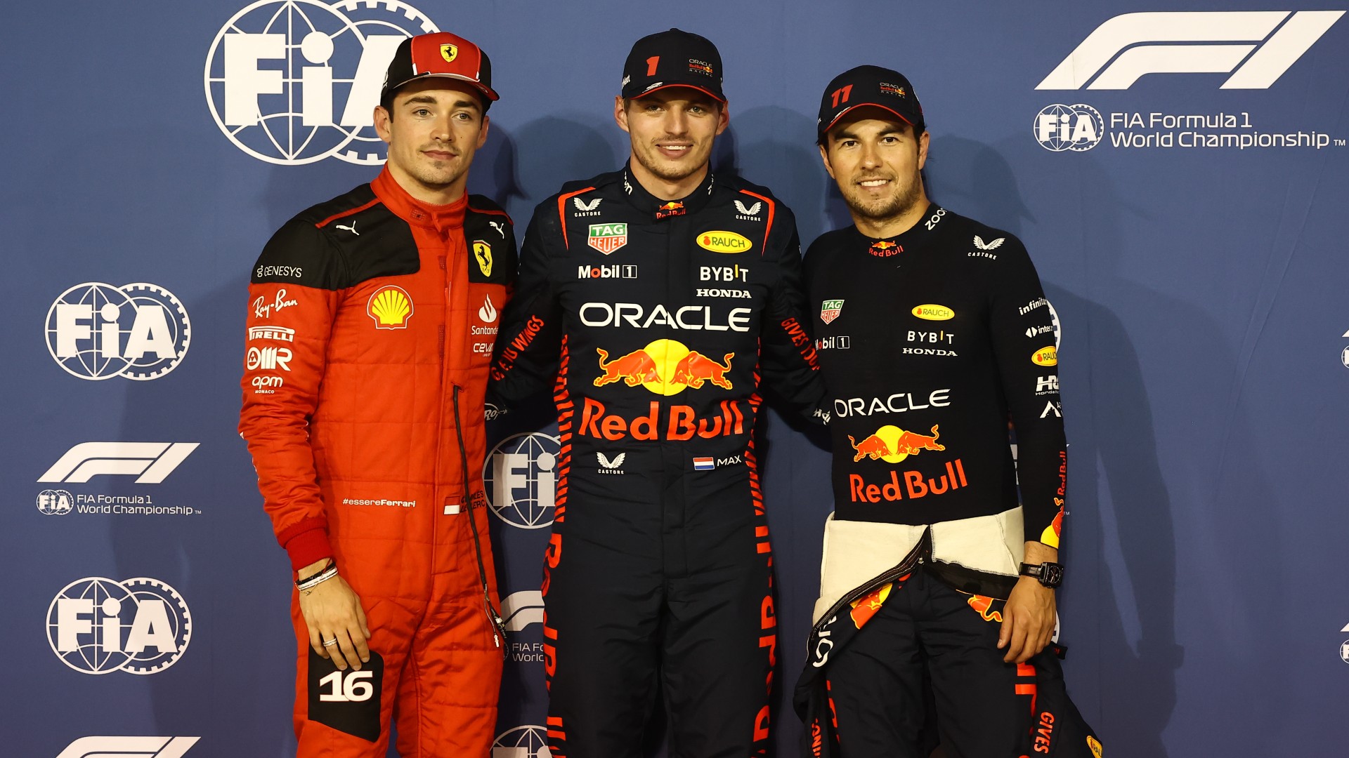 Formel 1 Siegerehrung Charles Leclerc Sergio Perez Max Verstappen 04032023